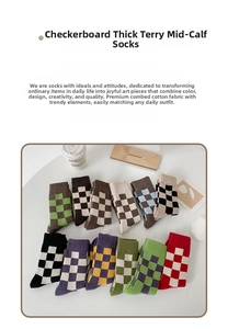 Detailed flat lay of checkered wool socks in twelve colors with thick terry lining