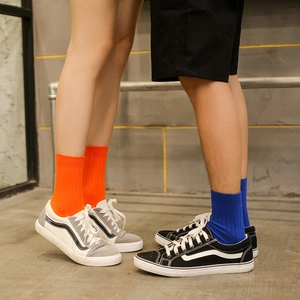Mid-calf cotton ribbed socks in orange and royal blue for street style fashion look