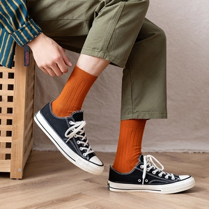 Men's Crew Socks Combed Cotton Ribbed Knit Solid Color Breathable Casual Retro Mid Calf Stockings
