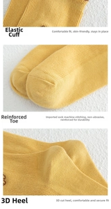 Detail view of mustard yellow cotton socks showing elastic cuffs and reinforced heels