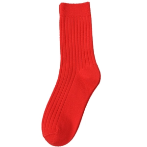 Solid bright red vertical ribbed cotton crew socks for couples in athletic crew style