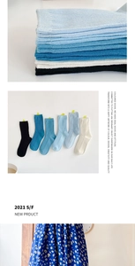 Detailed view of ribbed vertical knit cotton crew socks in multiple blue tones and cream