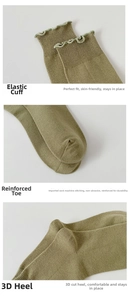 Detail view of elastic ruffled cuff, reinforced toe, and ergonomic heel on cotton socks