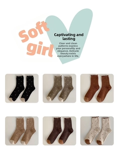 Detailed view of women's thermal cotton socks featuring polka dots and ruffled cuffs