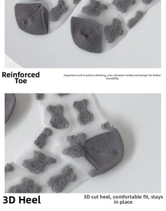 Detail showing reinforced toe and ergonomic 3D heel of cute bear pattern sheer socks