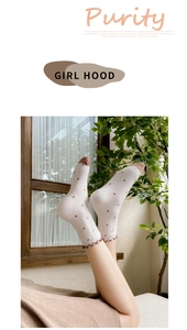 Close-up of white cotton socks with brown polka dots and ruffled edge detail