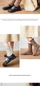 Close-up of wool socks with ruffled edges and floral embroidery paired with Mary Janes