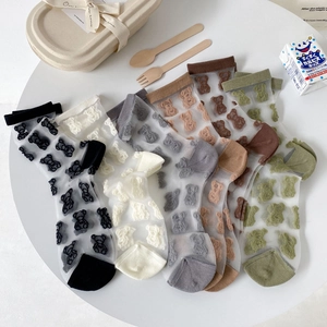 Women Crew Socks Sheer Mesh Glass Satin Flocked Bear Pattern Transparent Breathable Japanese Kawaii JK Style