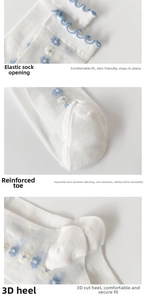 Detail of baby socks featuring elastic cuffs, reinforced toes, and floral knit patterns
