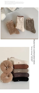 Detail of polka dot knit socks with ruffle cuffs and cozy thickened terry lining