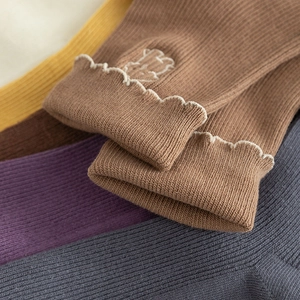 Japanese style ribbed cotton socks with cute cartoon embroidery and lettuce edge trim