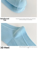 Detail of reinforced toe and 3D heel on blue vertical striped knit cotton socks