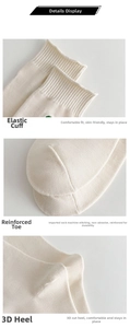 Detail of ribbed elastic cuff, reinforced toe, and 3D heel on off-white cotton socks