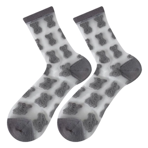 Japanese style sheer mesh bear pattern crew socks with grey reinforced heels and toes