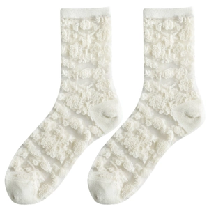 Japanische Lolita-Socken in Weiß mit floraler Spitze und 3D-Blumenstickerei für Damen