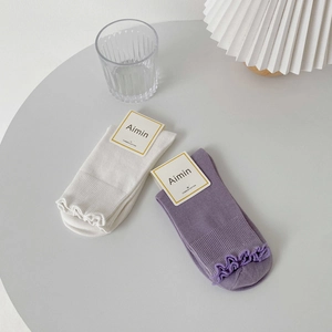 Morandi style white and light purple cotton crew socks with frilly lettuce edges