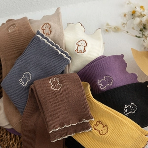 Japanese style frilly cotton socks with cute cartoon dog embroidery in various colors