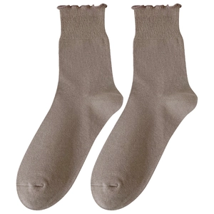 Women's crew socks with wood ear trim and vertical ribbing in earth tone colors