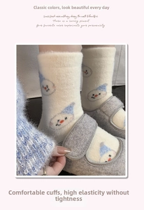 Detail of blue snowman winter socks with comfortable elastic cuffs and warm thermal fabric