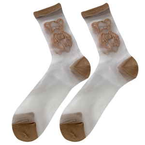 Japanese style Lolita sheer glass stockings with cute brown 3D bear embroidery