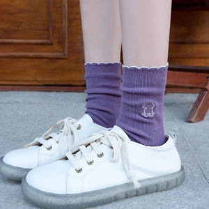 Japanese style purple cotton socks with white frill trim and cute dog embroidery