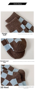 Detail view of checkered wool socks showing ribbed cuff, reinforced toe, and 3D heel