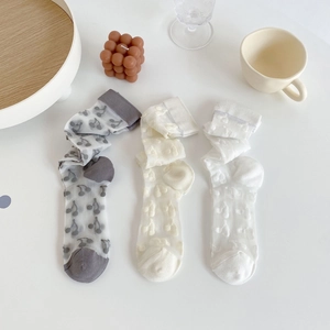 Three-pack of Lolita style cherry print calf socks in grey, cream, and white mesh fabric