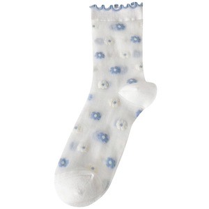 Women's transparent crew socks with blue floral pattern and wavy lettuce trim edges