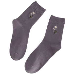 Grey-purple cotton mid-calf socks featuring delicate daisy flower embroidery and ribbed cuffs