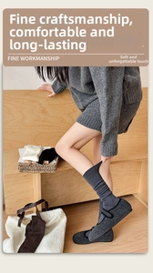 Detail of wool knit high socks with vertical ribbed texture and solid color design