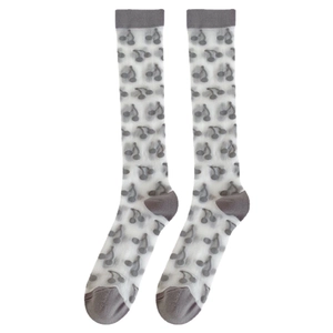 Japanese Lolita style knee high socks with grey cherry pattern on sheer white fabric