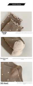 Macro detail of brown polka dot cotton socks showing elastic ruffles and reinforced toe
