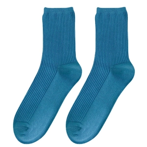 Japanese style blue ribbed mid-calf cotton socks for women with vertical stripe patterns