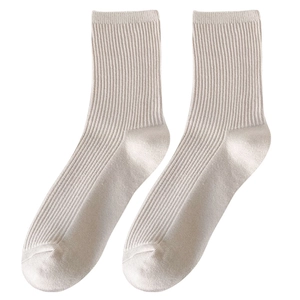 Off-white ribbed mid-calf cotton socks with minimalist vertical knit texture for women