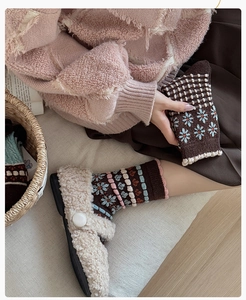Detail of wool socks featuring vintage floral embroidery and thick knit texture
