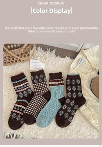 Close-up of thick floral and plaid wool socks in vintage brown and teal earth tones