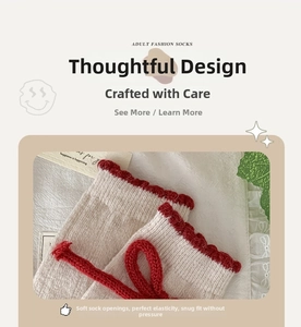 Detail of soft cream knit socks featuring red wavy ruffled cuffs and cute bow accents
