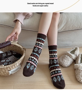 Detailed knit pattern of vintage brown wool socks featuring colorful floral embroidery
