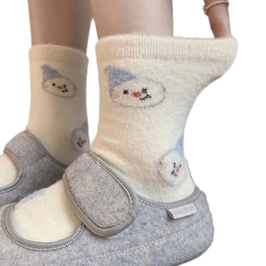 Thick winter snowman socks in cream white paired with grey felt indoor slippers