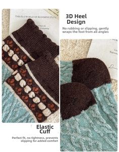 Detail of wool knit socks showing elastic ribbed cuffs and non-slip reinforced heels