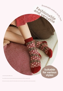 Detailed view of red Fair Isle socks with white heart and snowflake winter patterns