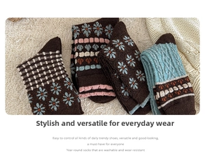 Detailed view of vintage floral wool blend socks with warm knitted texture on plush background