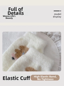 Detail view of white plush socks featuring a cute brown bear pattern and elastic cuffs