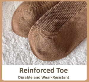 Detail of reinforced toe on high-density knit cotton socks in coffee brown