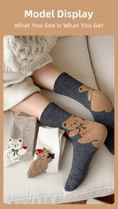 Detailed knit texture of wool socks featuring cute cartoon bear patterns for winter