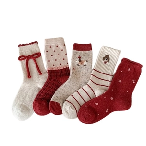 Five pairs of red and white thick wool socks with cute puppy and bow tie patterns