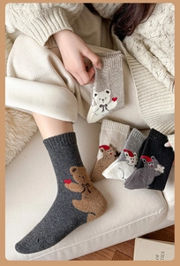 Detail of wool socks with cute 3D flocking teddy bear pattern and ribbed cuffs