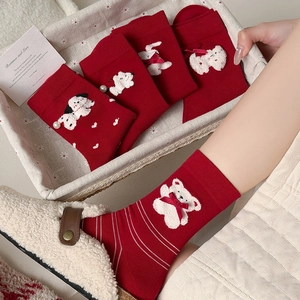 Chaussettes Mi-Mollet Rouges Mignonnes Coton Peluche 3D Animaux Ours Lapin Nœud Künstliche Perle Hiver Festif Pour Femmes