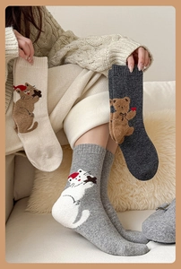 Detail of soft winter wool socks with cute cartoon animal patches and thick knit texture