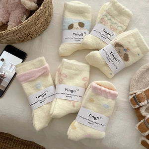 Women Mid Calf Socks Australian Velvet Thickened Warm Winter Indoor Sleeping Socks Fuzzy Cute Cartoon Dog Bow Home Wear